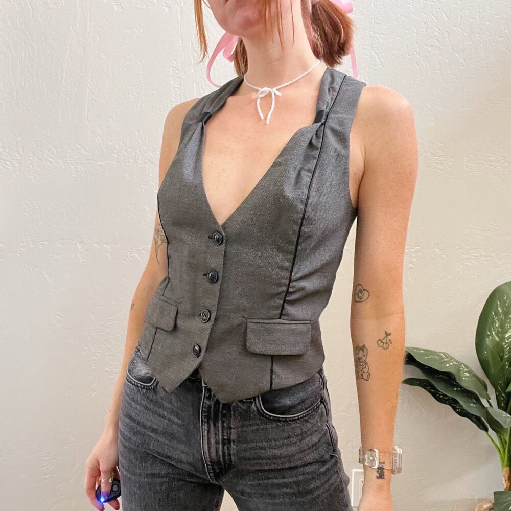 Y2K Grey Houndstooth Suit Vest Top